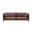 Modern brown leather sofa Singapore with wooden base and two matching cushions on black background