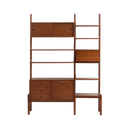 Mid-century modern wooden shelf cabinets with multiple drawers and open shelving