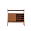 Voet Mid Century wooden cabinet with open shelving and sliding door in warm brown finish