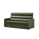Giormani olive green leather sofa bed with storage drawers and padded backrest on black background