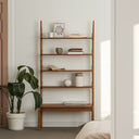 Born in Colour wooden shelf with five tiers holding books, decor, and a potted plant beside it in a minimalist room